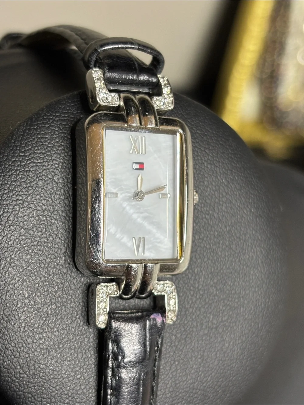 Vintage Tommy Hilfiger Croc Leather Working Black Silver Y2k Retro Watch